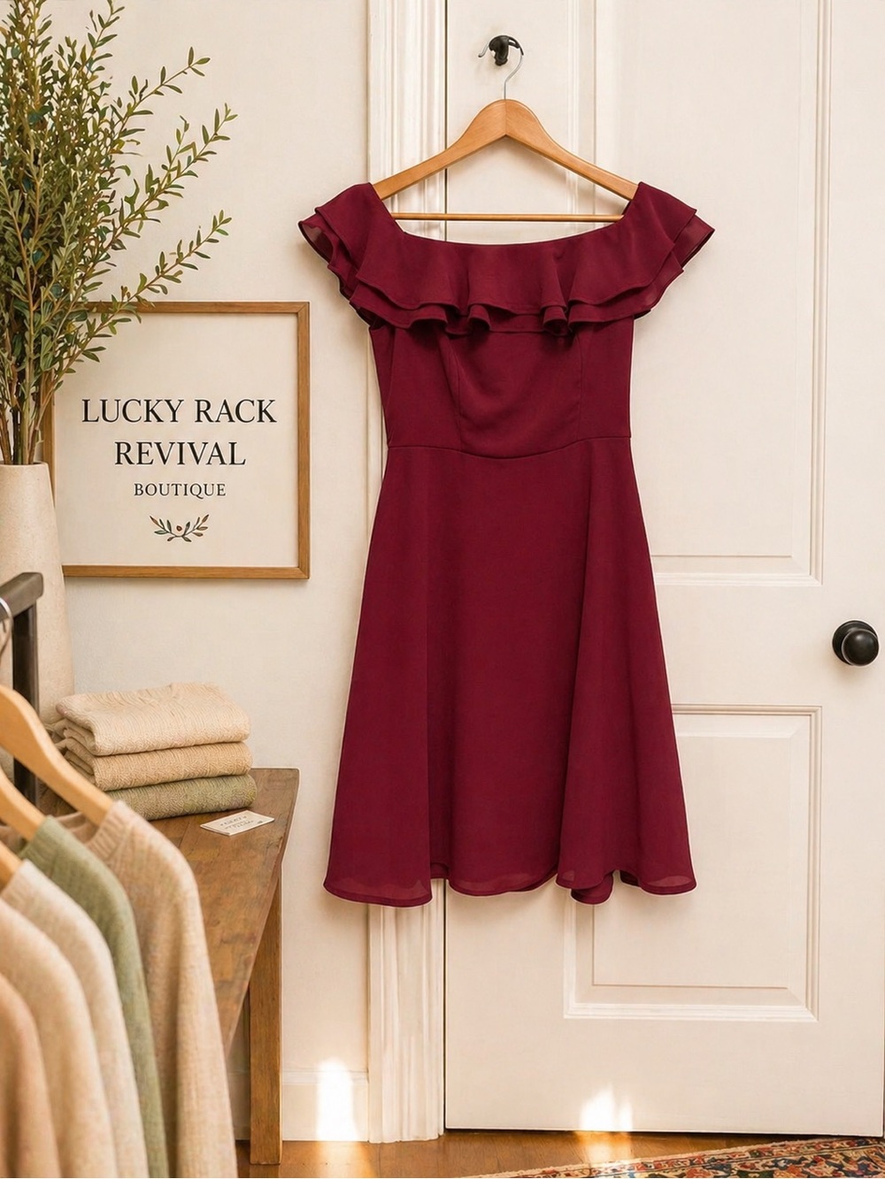 Lulu's Burgundy Off-Shoulder Ruffle Midi Dress
